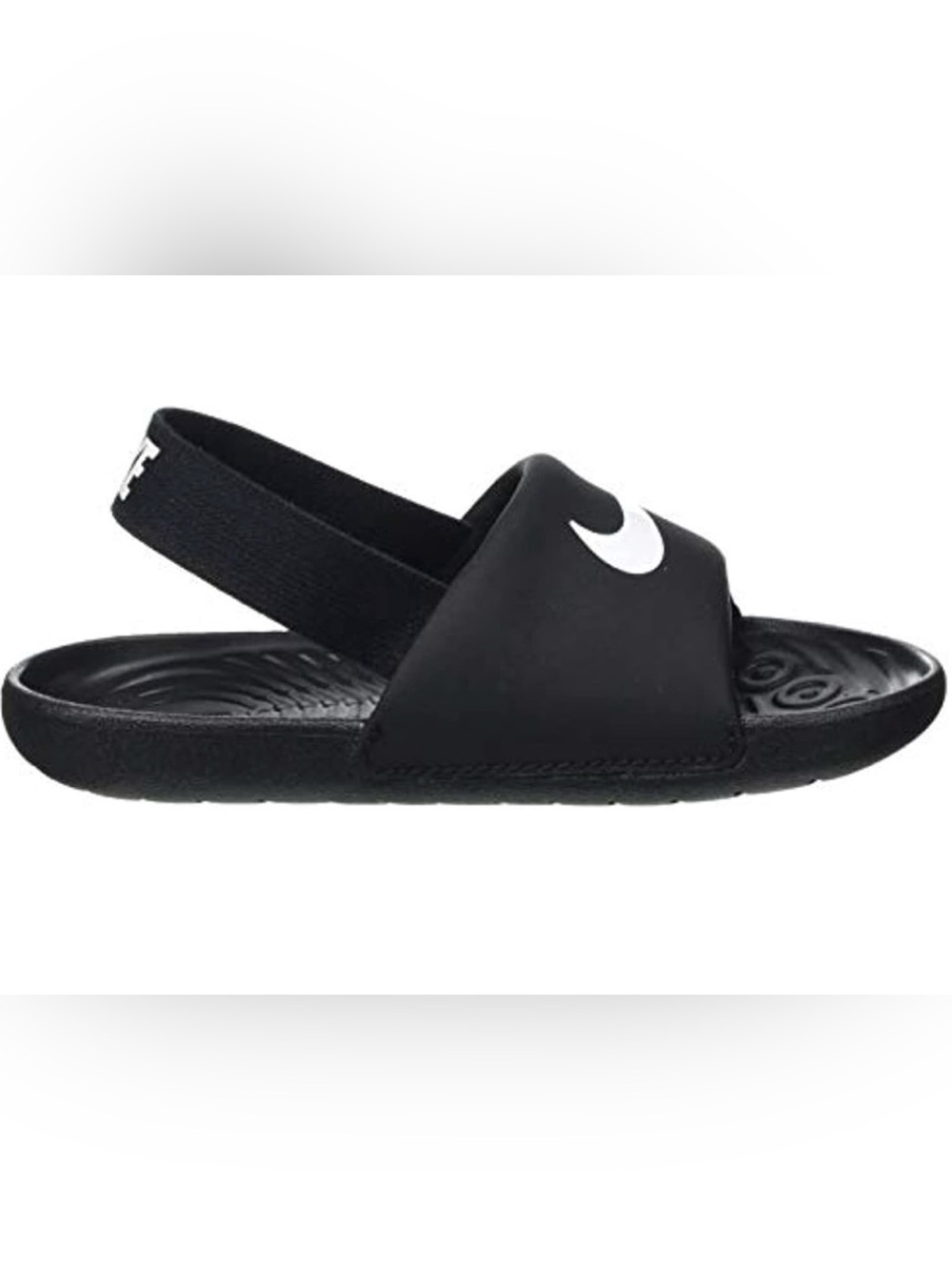 NWT Nike Kids Black Slide Sandals with White Swoosh and Heel Strap SIZE 6C